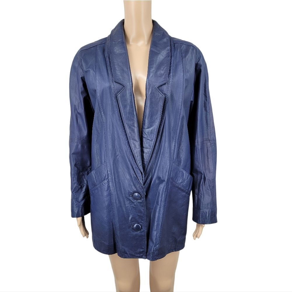Vintage 80s Women's Navy Blue Leather Jacket Double Lapel